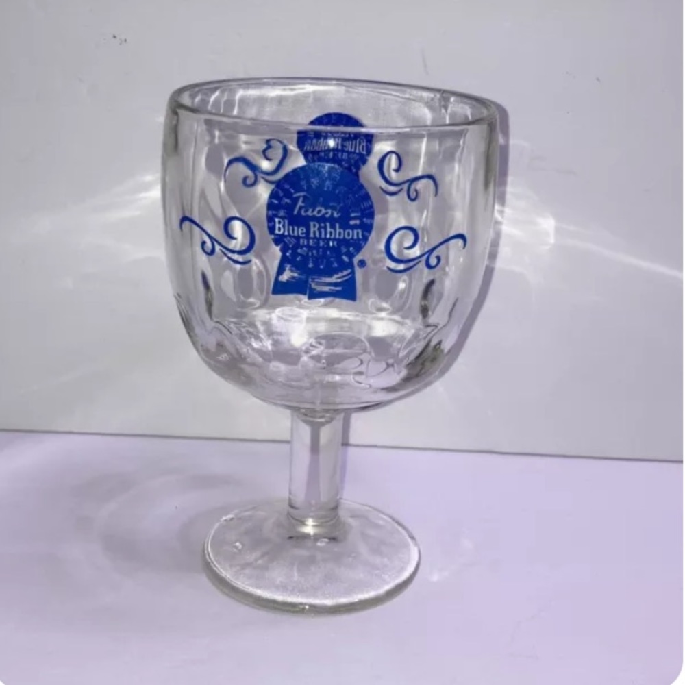 Vintage PBR Pabst Blue Ribbon Beer Glass Goblet Dimpled Stein